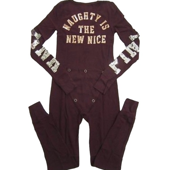 Victoria’s Secret PINK Naughty New Nice Burgundy Sequin Thermal Onesie L - Picture 10 of 13